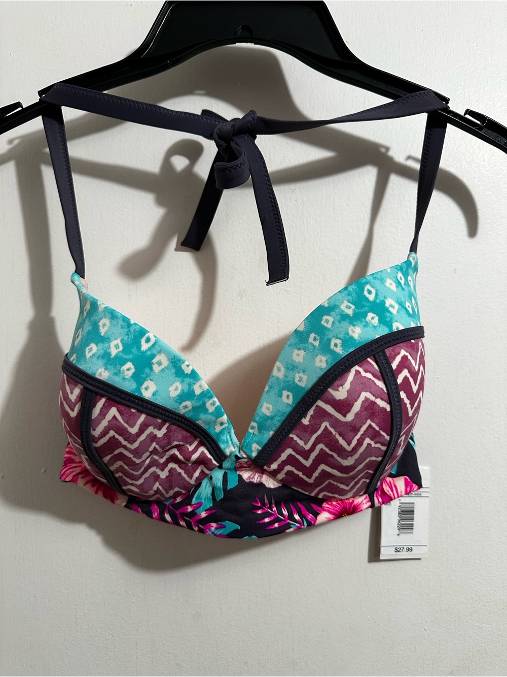 Shade & Shore Teal and Purple Mixed-Print Push-Up Bikini Top